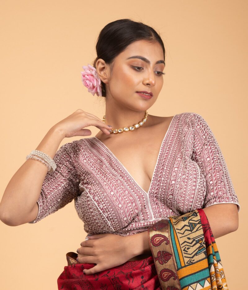Pink Vichitra Silk Heavy White Embroidery V Neck Blouse - Image 7