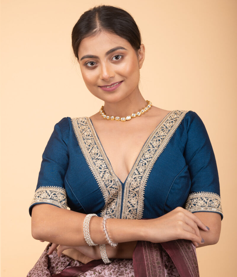 Teal Blue Vichitra Silk V Neck Blouse with Coding Lace Border - Image 2