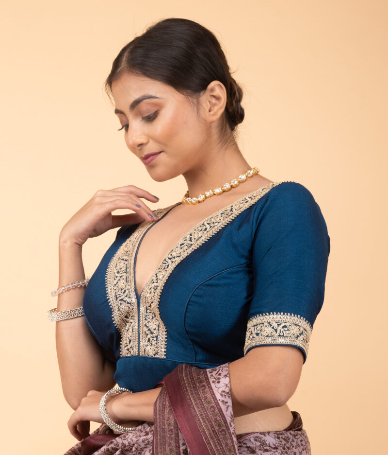 Teal Blue Vichitra Silk V Neck Blouse with Coding Lace Border - Image 3