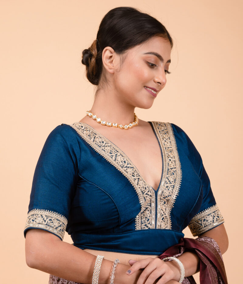 Teal Blue Vichitra Silk V Neck Blouse with Coding Lace Border - Image 4