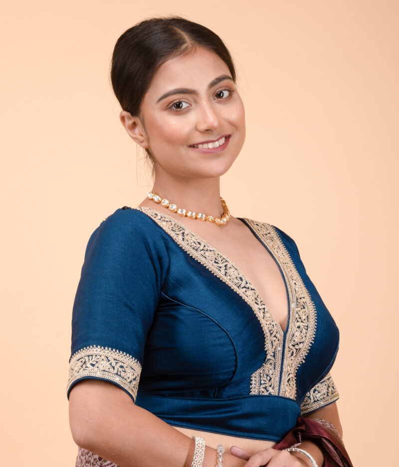 Teal Blue Vichitra Silk V Neck Blouse with Coding Lace Border - Image 5