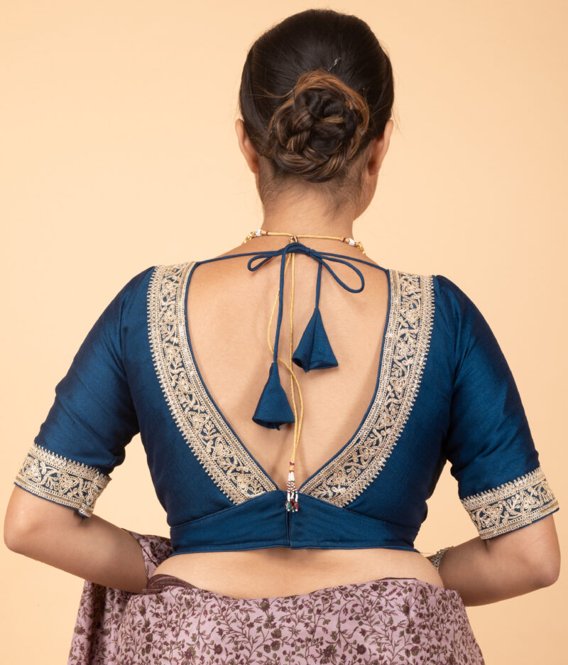 Teal Blue Vichitra Silk V Neck Blouse with Coding Lace Border - Image 6