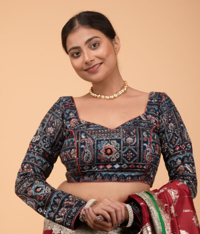 Teal Blue Georgette Multi Colour Heavy Embroidery and Coding Work Sweet Heart Neck Blouse - Image 2