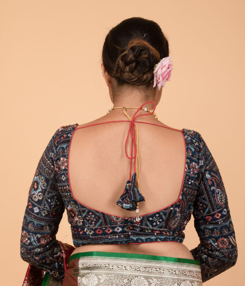 Teal Blue Georgette Multi Colour Heavy Embroidery and Coding Work Sweet Heart Neck Blouse - Image 7